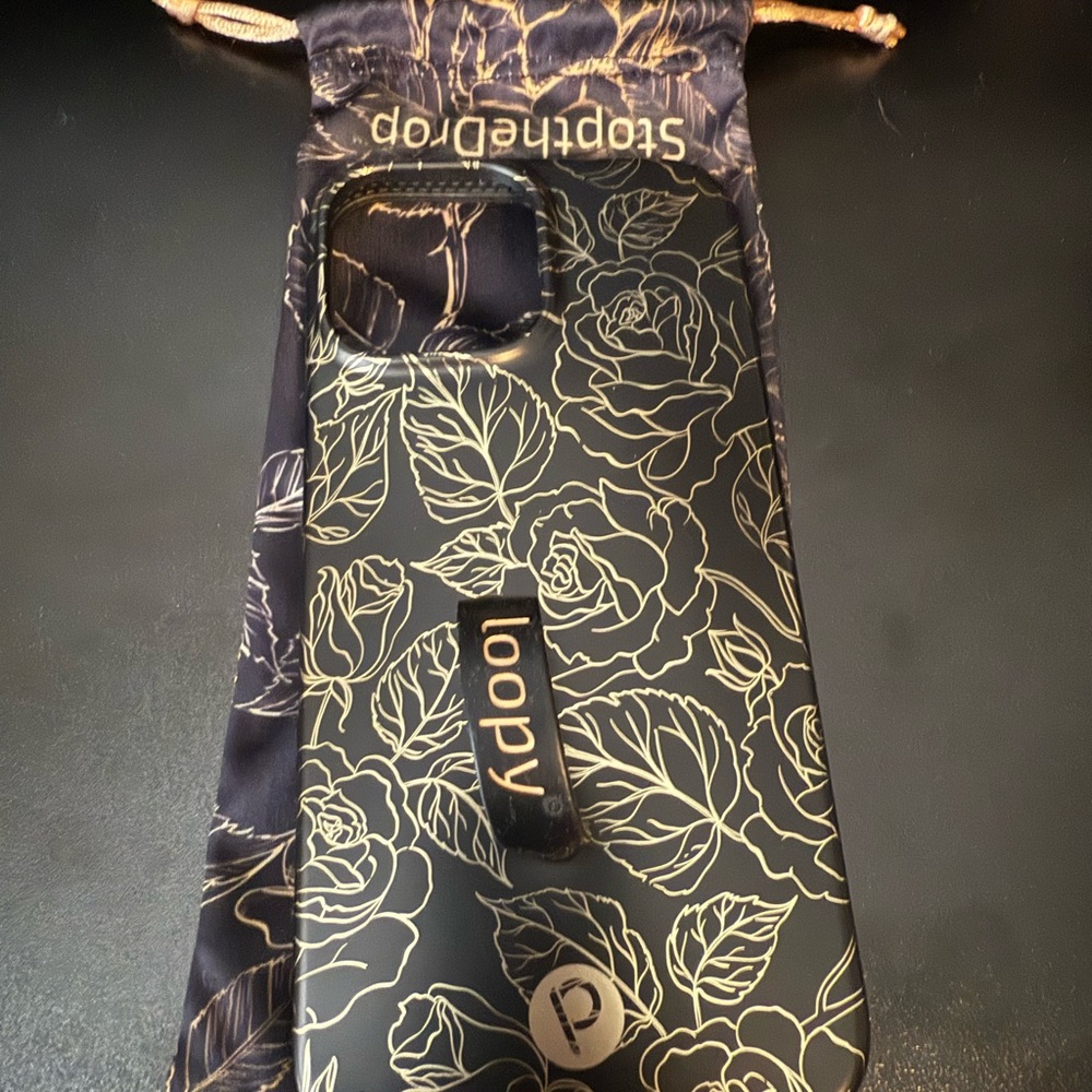 Loopy Cases Black Pouch with Gold Floral Design